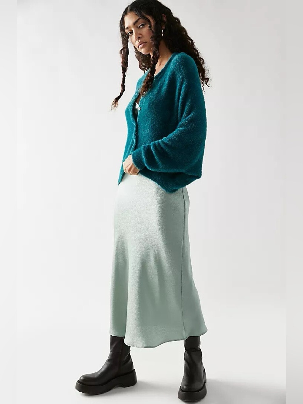 FREE PEOPLE Sz M FP ONE WYATT CARDI SOFT FUZZY BUTTON FRONT CARDIGAN TEAL - Picture 3 of 13